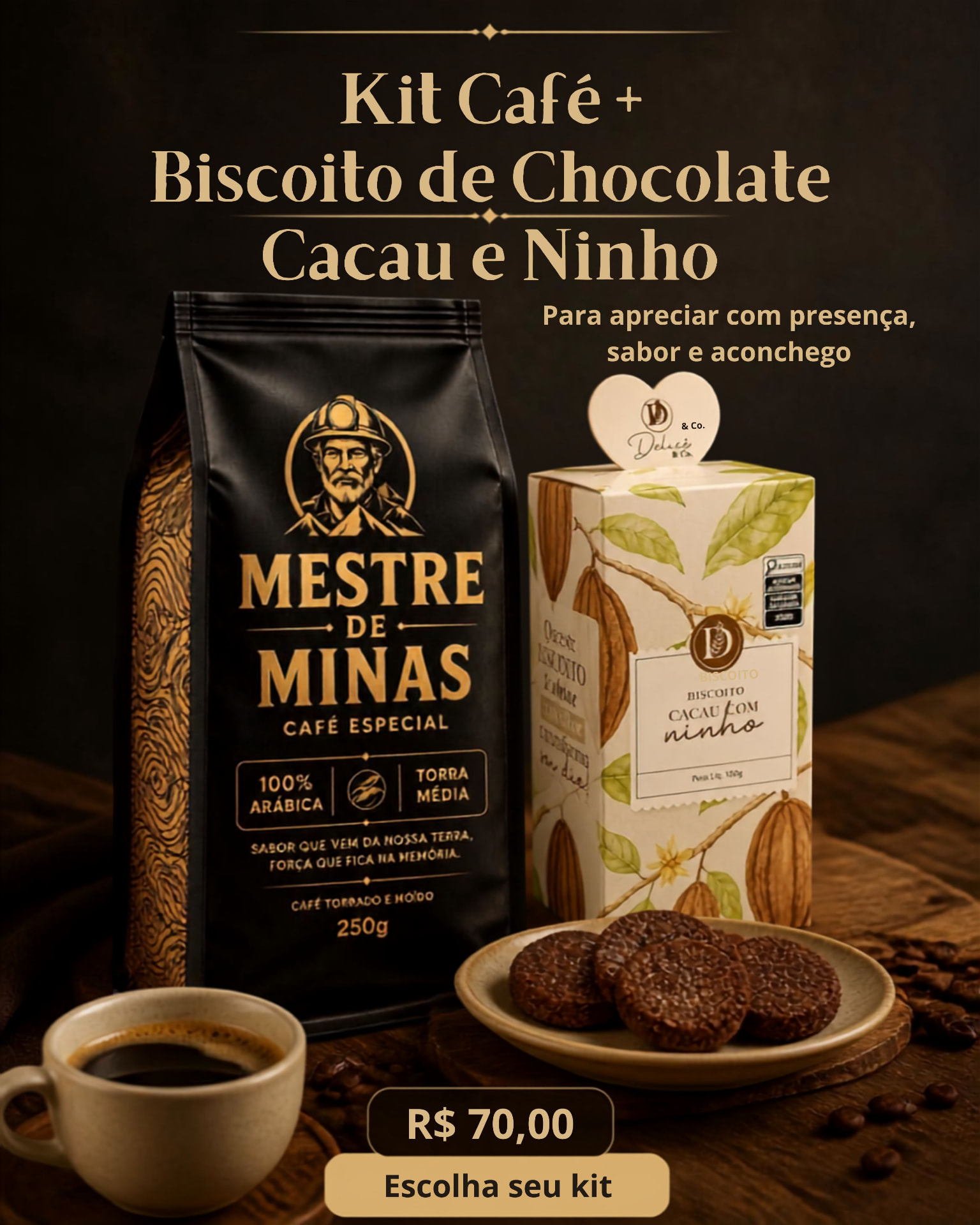 Kit Café + Biscoito de Chocolate, Cacau e Ninho